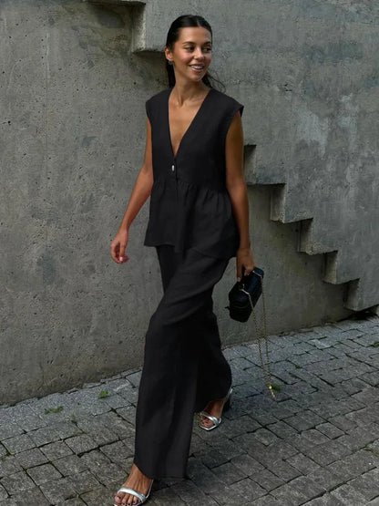 2026 V-neck sleeveless top, vest and long pants suit, solid-color two-piece set