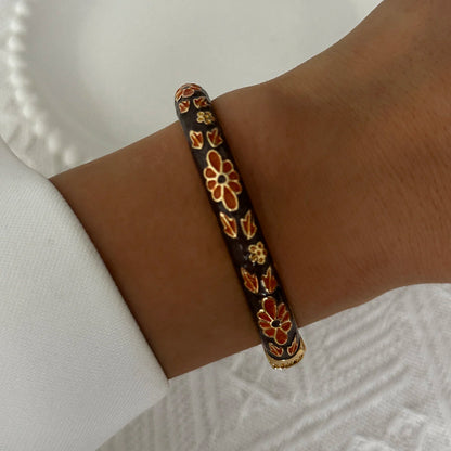 Elegant Enamel Dropped Glaze Flower Texture Bracelet For Women Retro Gold Plated Evil Eye Floral Zircon Bangle Party Jewelry