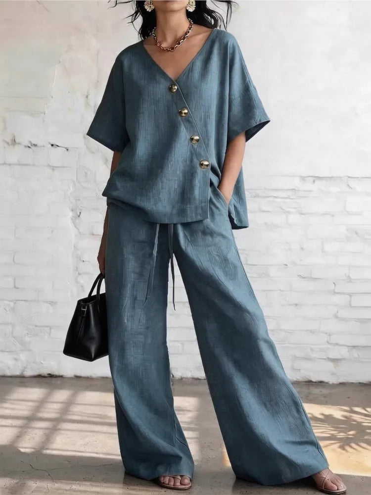 Casual Loose Pants Sets Women Summer 2026 Fashion Short Sleeve V-neck Tops And Wide Leg Pant 2 Piece Set Woman Outfits