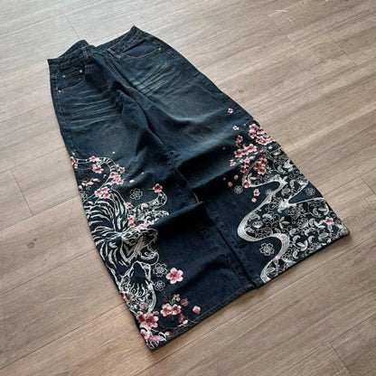 American New Fashion Cherry Blossom Letter Pattern Embroidered Baggy Jeans Women Y2K Gothic Popular Straight Wide-leg Trousers