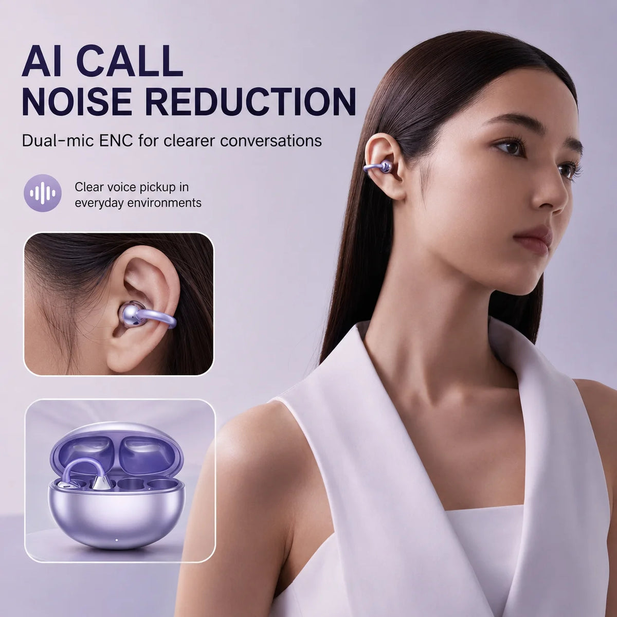 Open Ear Clip Wireless Headphones Bluetooth 5.4 Earphones with Long Battery Life, Sports Gaming Stereo Touch Control LED Mics
