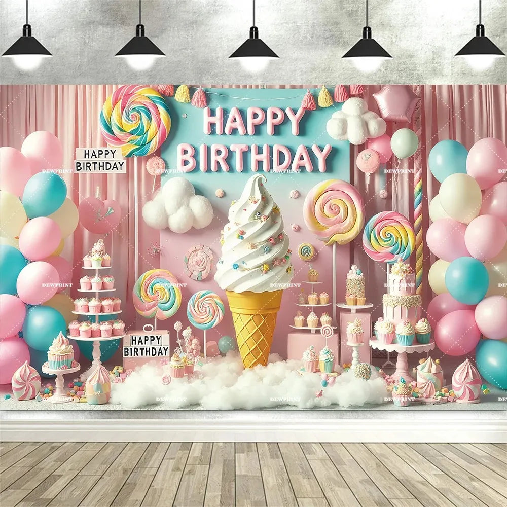 Sweet Candy Castle Cherry Blossom Theme Birthday Photography Background, Children's Birthday Party Banner Photography Background