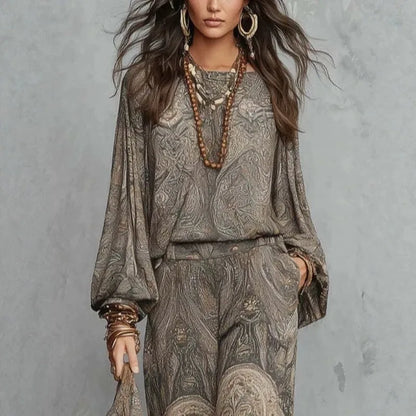 Boho Women 2‑Piece Outfit Vintage Paisley Print Long‑Sleeve Blouse High Waist Wide‑Leg Pants Casual Vacation Matching Set