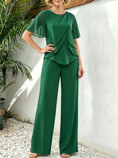 Women's Casual Pants Set Chiffon Breathable Solid Color Round Neck Short Sleeve Loose Irregular Top + Wide-leg Pants 2-piece Set