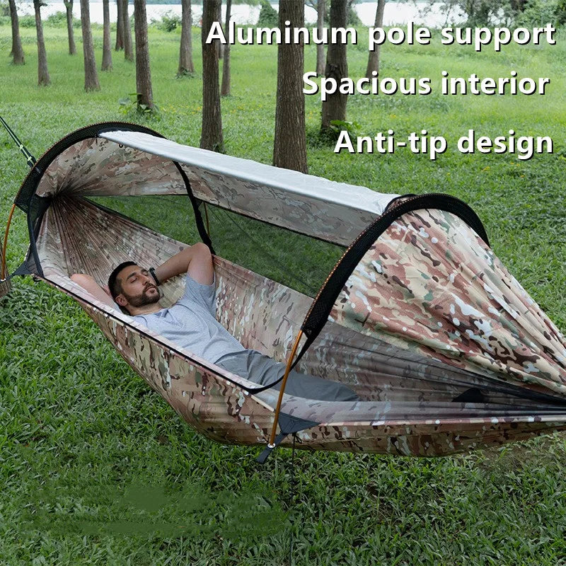 Multi-Function Camping Hammock Kit, Single/Double with MC Camo Rain Fly & Bug Shield, Anti-Roll for Hiking & Backpacking