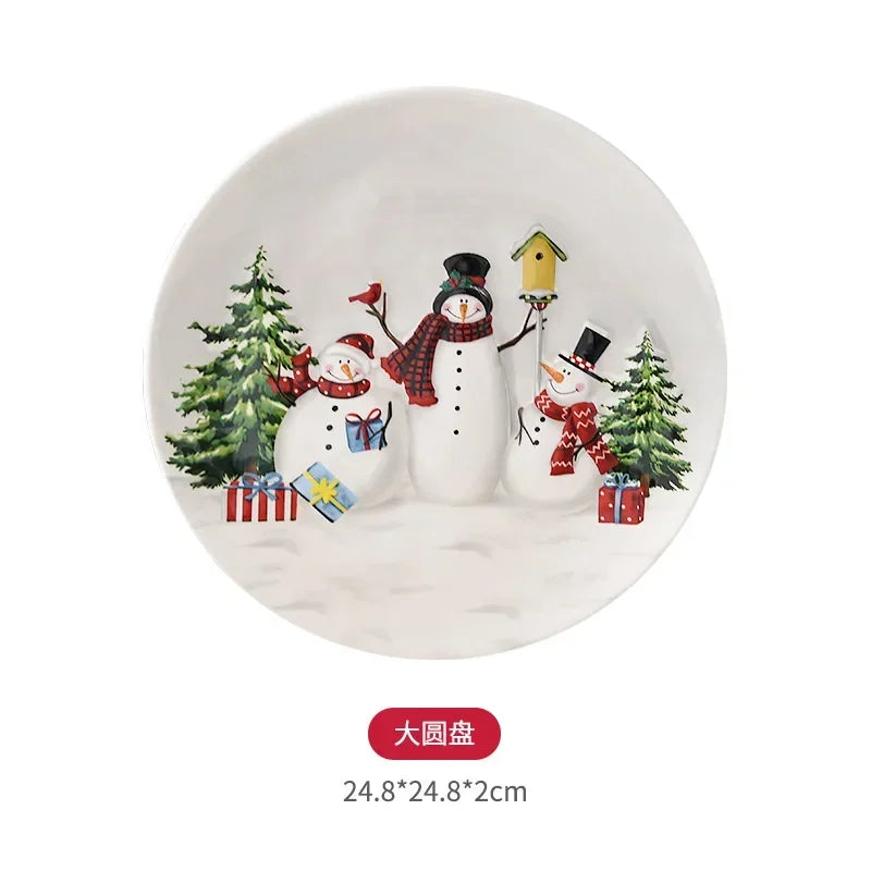 Nordic creative Christmas Snowman bowl plate cutlery set Western ceramic dinner plates Home rice salad bowl cup Christmas gift