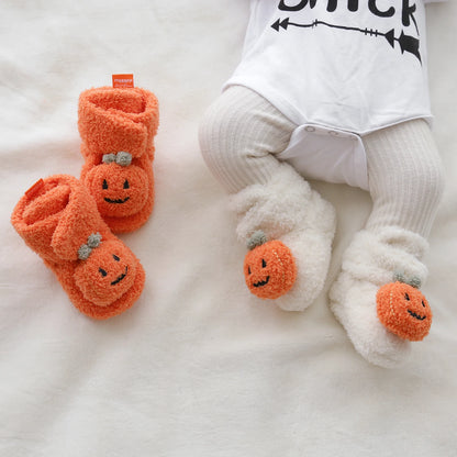 Halloween Pumpkin Baby Booties Stay On Slipper Winter Warm Soft Shoes Newborn Crib Sock Shoes
