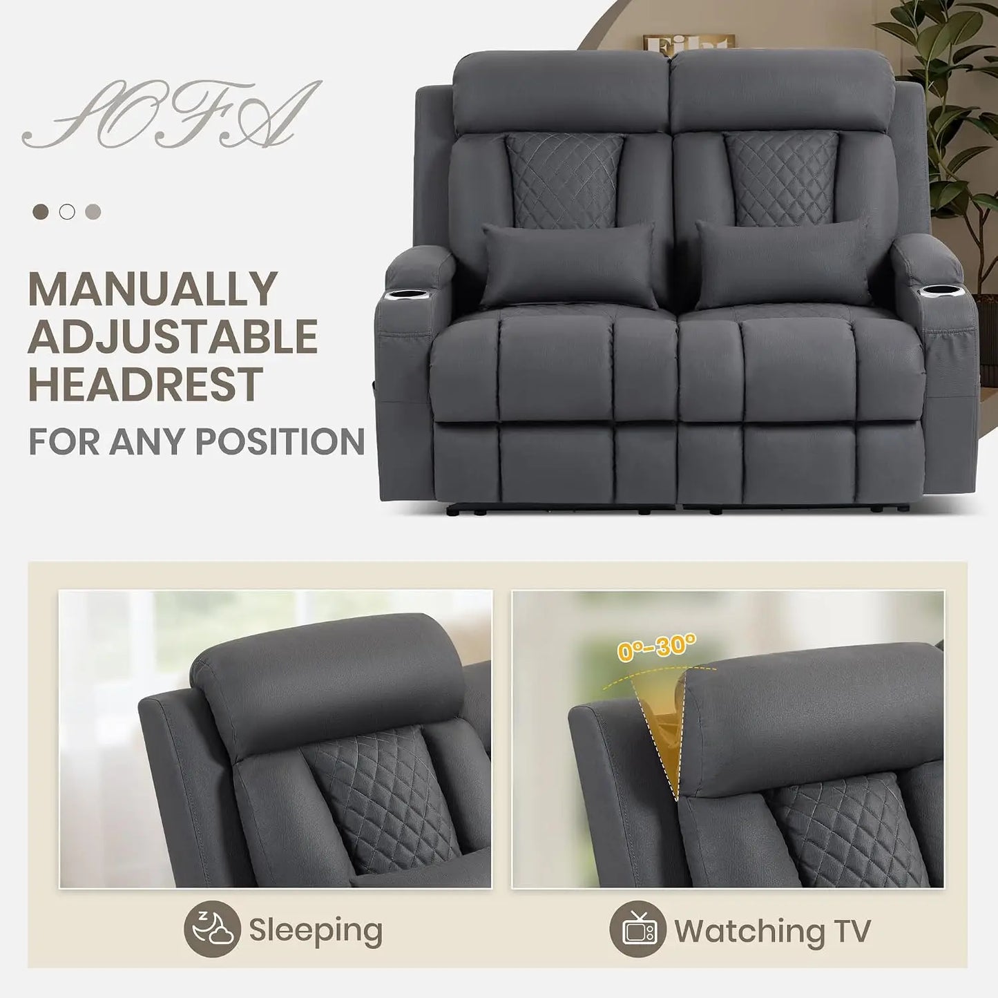 Wall Hugger Power Reclining Loveseat with Manual Adjustable Headrests, Electric Recliner Sofa with USB/Type-C Ports,, Custom