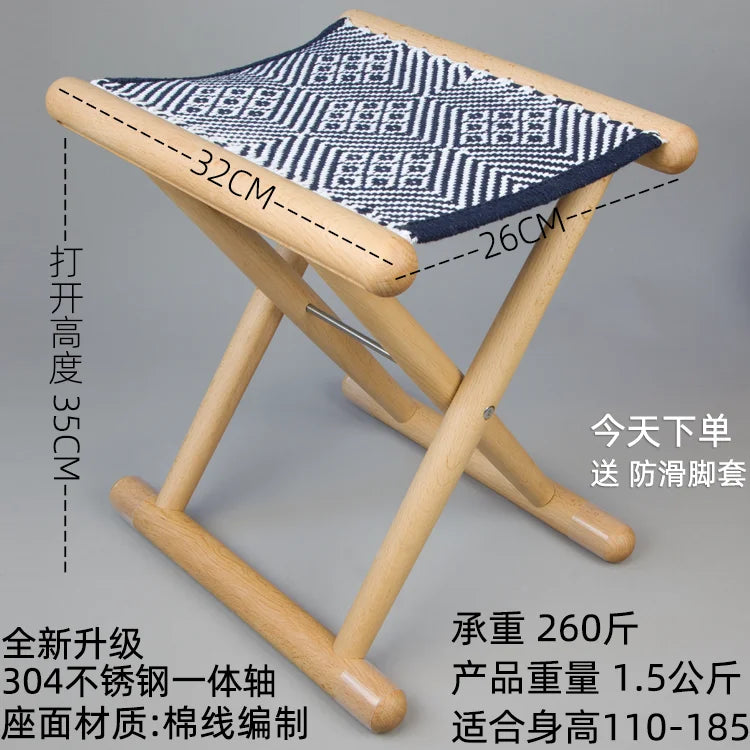Portable Folding Stool for Outdoor Camping Lightweight Wooden Seat with Cotton Woven Top Home Travel Compact Folding Bench