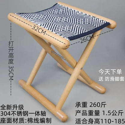 Portable Folding Stool for Outdoor Camping Lightweight Wooden Seat with Cotton Woven Top Home Travel Compact Folding Bench