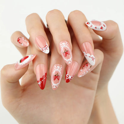 3D Lemon Blue White Striped French Nail Art Summer Chic Short Round False Nails Detachable Finished Fake Nails Press on Nails