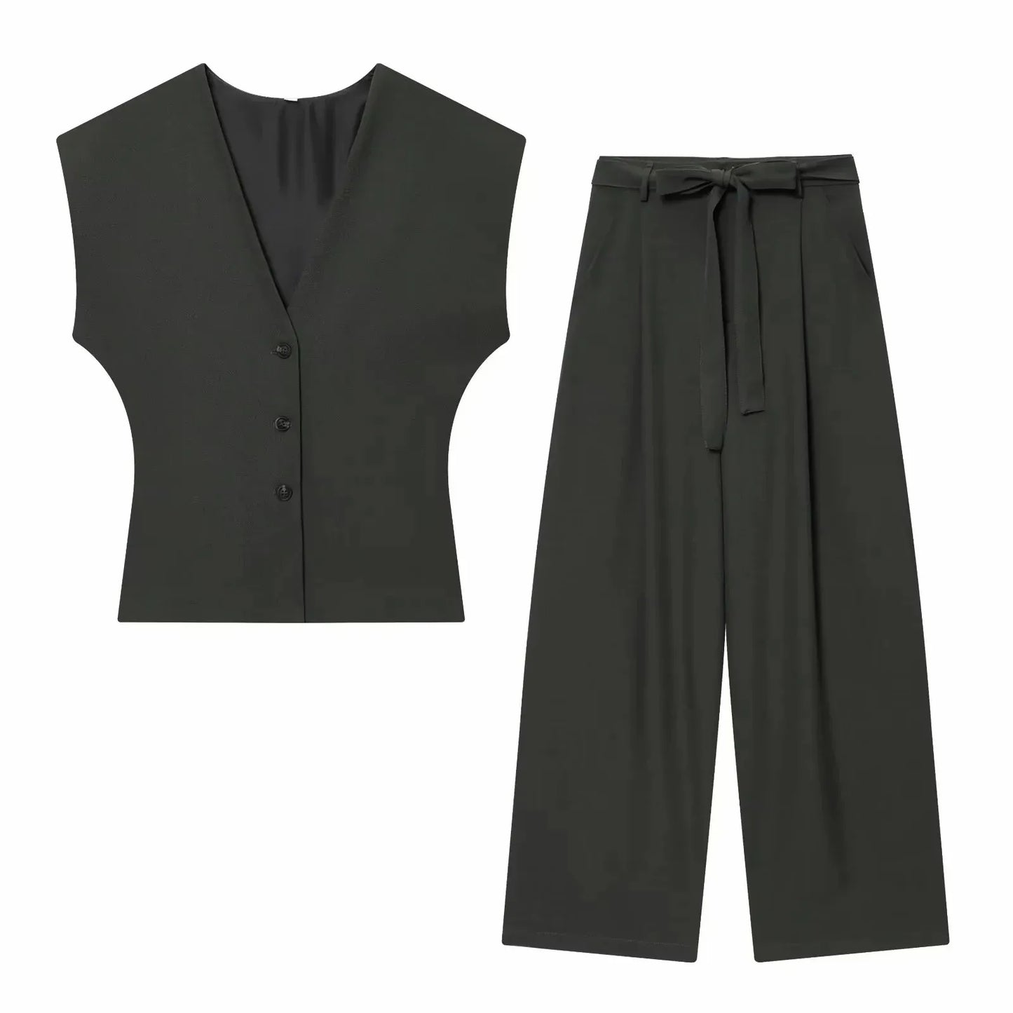 Women Fashion 2-Piece Set Single-breasted Sleeveless V-Neck Pinstripe Vest+Summer Pleated Loose Pocket Belt Zipper Pants