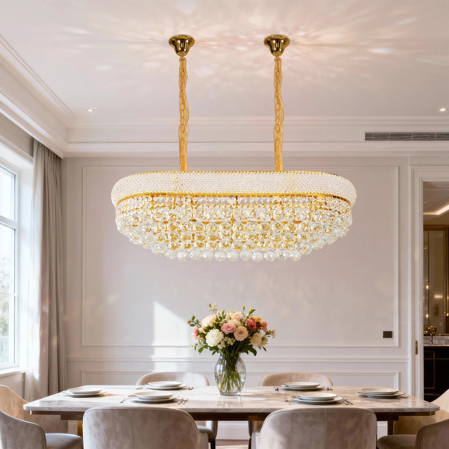 Luxury Ceiling Light: Empire Gold Ceiling Light Fixtures 10 Lights Rectangular Crystals Chandelier Over Long Dining Table, for Kitchen Islands, 3 Colors Temperature