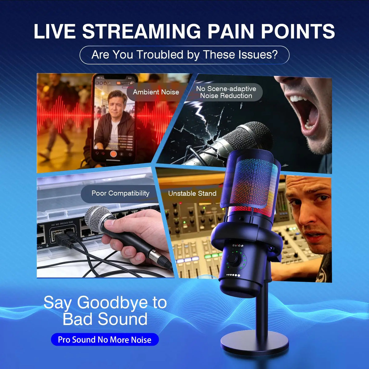 USB Gaming Streaming Microphone with RGB Light, AI Noise Reduction Podcast Mic Kit