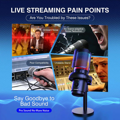 USB Gaming Streaming Microphone with RGB Light, AI Noise Reduction Podcast Mic Kit