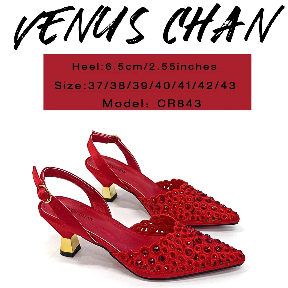 Venus Chan 2024 Latest High Heel Gold Color Atmospheric Luxury Pattern With Rhinestones Party Ladies Shoes And Bag Set