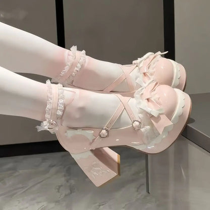 Lovely Girls Pink Lolita Butterfly Knot High Heels Platform Shoes for Women Cute Sakura Dress Mary Janes Beige Size 34-42