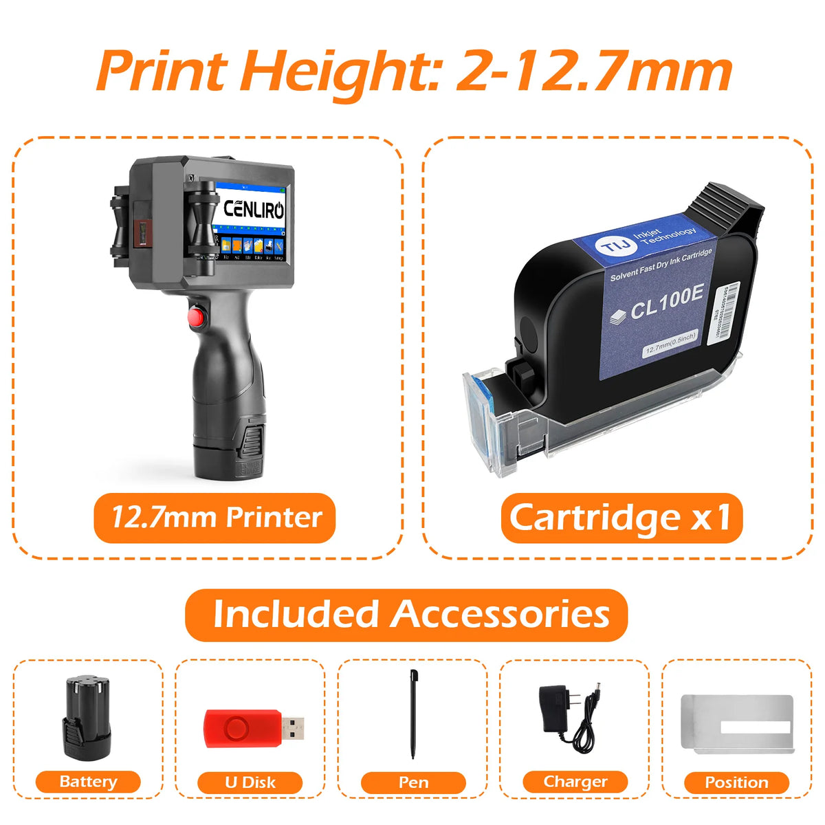 CENLIRO 12.7/25.4mm Handheld Inkjet Printer Portable Coding Machine for Expiry Date Batch QR Bar Code Logo Quick Dry Ink