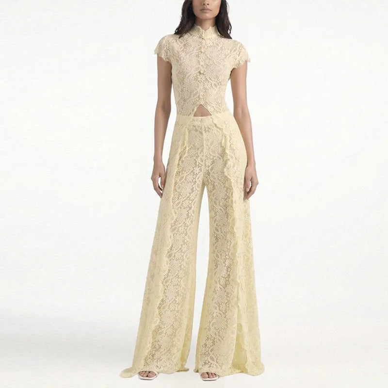 Fashion Lace Solid Women's Shirt Pant Set See Through Short Sleeve Long Tops Straight Trousers 2026 Summer Chic Female Suits