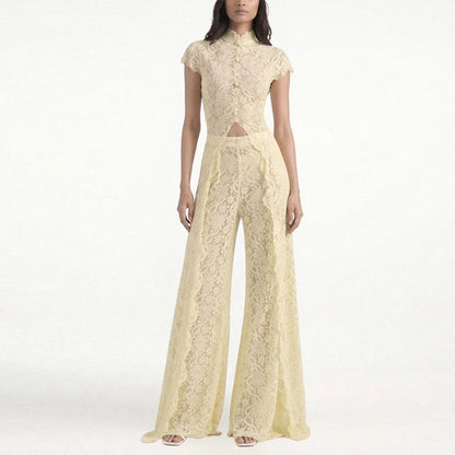 Fashion Lace Solid Women's Shirt Pant Set See Through Short Sleeve Long Tops Straight Trousers 2026 Summer Chic Female Suits