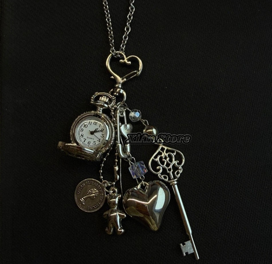 Original Hollow Heart Pocket Watch Chain Keychain Design Steampunk Clock Vintage Necklace Pendant Jewelry Watch Men Women Gift