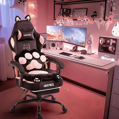 Pink Gaming Chair Cute with Cat Ears Paw Lumbar and Cushion,Ergonomic Computer Chair with Footrest,Reclining PC Game