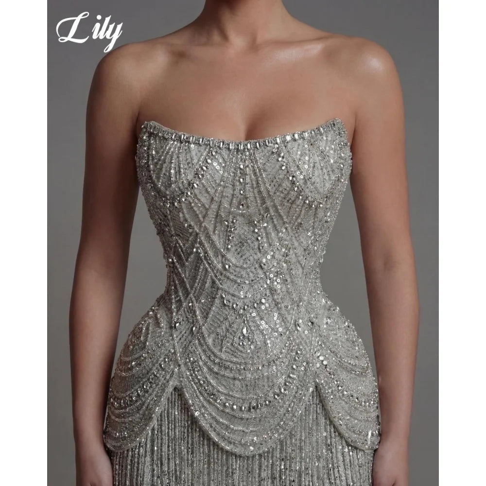 Lily Silver Strapless Prom Dress Beaded Corset with Fringe Skirt Evening Dress Luxury Mermaid Party Dress For Women Customized