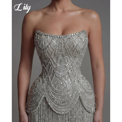 Lily Silver Strapless Prom Dress Beaded Corset with Fringe Skirt Evening Dress Luxury Mermaid Party Dress For Women Customized