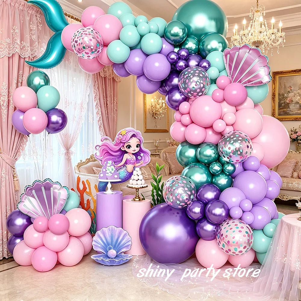 Mermaid Balloon Garland Arch Kit Pastel Pink Purple Seashell Foil Balloon Set Birthday Baby Shower Ocean Theme Party Decor