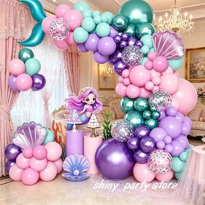 Mermaid Balloon Garland Arch Kit Pastel Pink Purple Seashell Foil Balloon Set Birthday Baby Shower Ocean Theme Party Decor