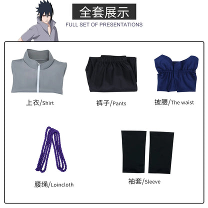 Uchiha Sasuke Cosplay Costume Set - Anime Hokage Shippuden Third Generation Gray Top Suit Wig for Halloween