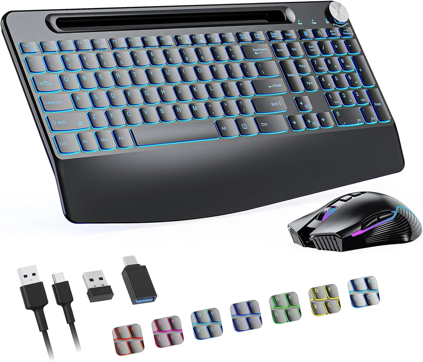 7 Colors Backlit Keyboard With Slot and Wrist Rest Volume Knob Keyboard Jiggle Mouse Set,Full Size Rechargeable Keyboard Set