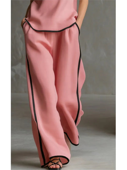 Casual Women Color Blocking Loose Sleeveless Button Vest Elastic Waist Wide-leg Pants Two Peice Set Summer V-Neck Ladies Outfit