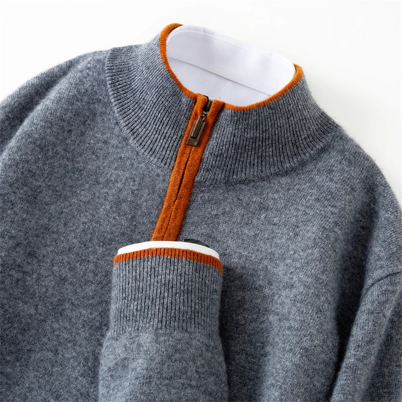Men's 100% cashmere sweater casual knit pullover shirt loose Mock collar Tops zipper Blouse autumn/winter color blocked Jumper