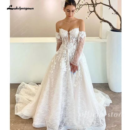 Lakshmigown Off the Shoulder Long Removeable Sleeves Sweethert Full Lace Bridal Grown A Line Wedding Dresses Customized
