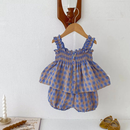Korean Style Baby Girl Set Suspender Shirts with Shorts Purple Plaid Two Piece Suit Girls Summer Beach Casual Clothes