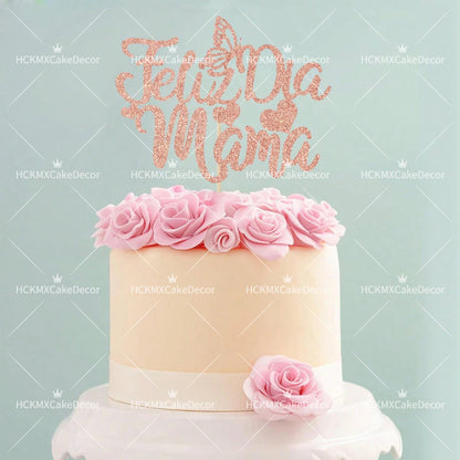 3pcs Feliz Cumpleanos Mama Cake Topper Pink Glitter Spanish Birthday Cake Decoration with Butterflies