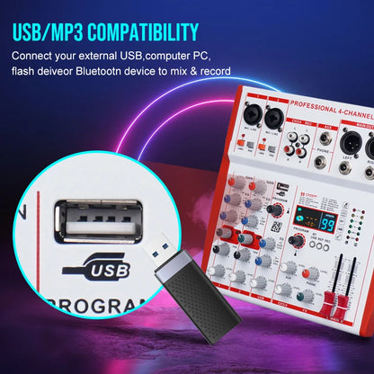 MW4 Professional 4 Channel Audio Mixer | 99 DSP Effects, +48V Phantom Power, USB Sound Console for Live Streaming, Karaoke, Studio Podcast