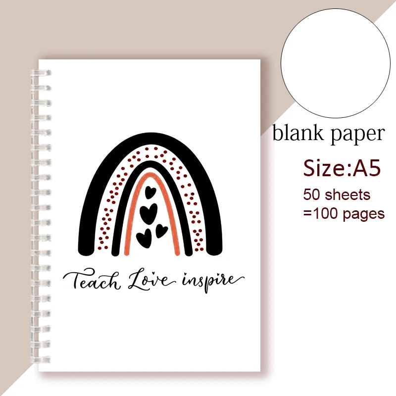A5 Spiral Notebook - Teach Love Inspire - Rainbow Note Book Writing Pad Journal Teacher Life Day Gift Appreciation Floral Design