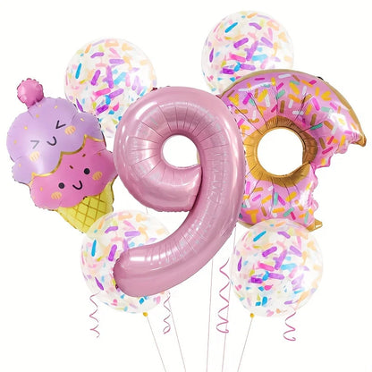 7-Piece Set of Cute Pink Donut Candy Foil Balloons 40inch Ice Cream Themed Birthday Party Scene Decoration Photo Props Indoor and Outdoor Decoration Cool Summer Gifts Anniversary Supplies, Halloween Decorations, Christmas Dec