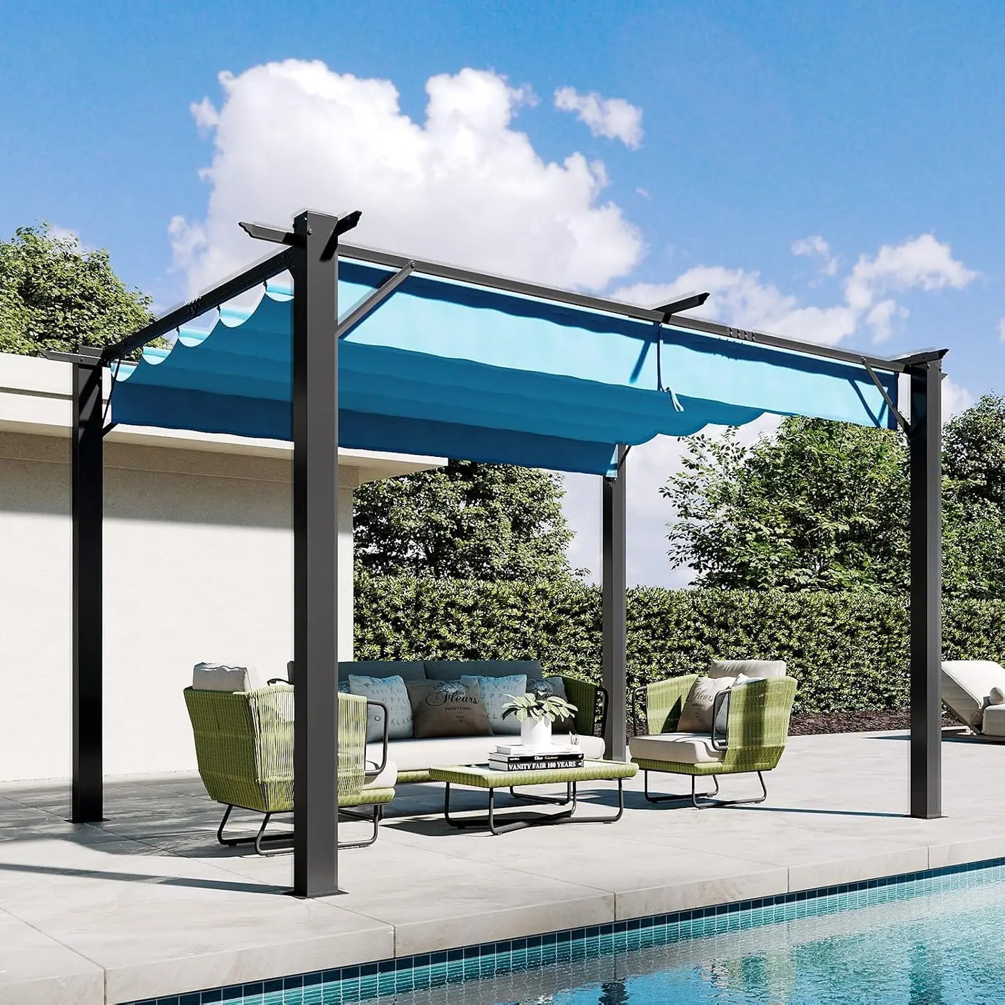 10'x12' Outdoor Retractable Pergola, Upgraded Adjustable Sun Shade Canopy, Sturdy Metal Gazebo for Modern Backyard,, Custom