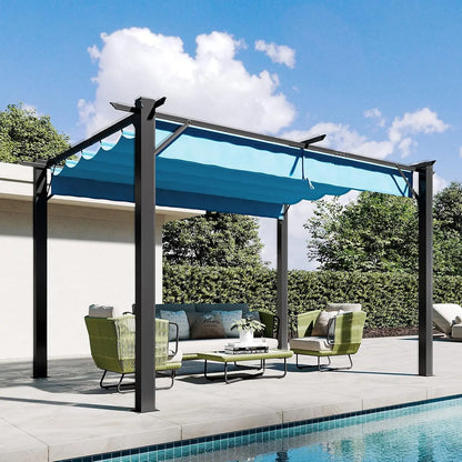 10'x12' Outdoor Retractable Pergola, Upgraded Adjustable Sun Shade Canopy, Sturdy Metal Gazebo for Modern Backyard,, Custom