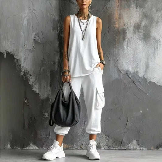Solid Color Sports Two-piece Set Summer Fashion Sleeveless Top+wide Leg Pants Suit With Pockets Ladies O-neck Streetwear Outfit