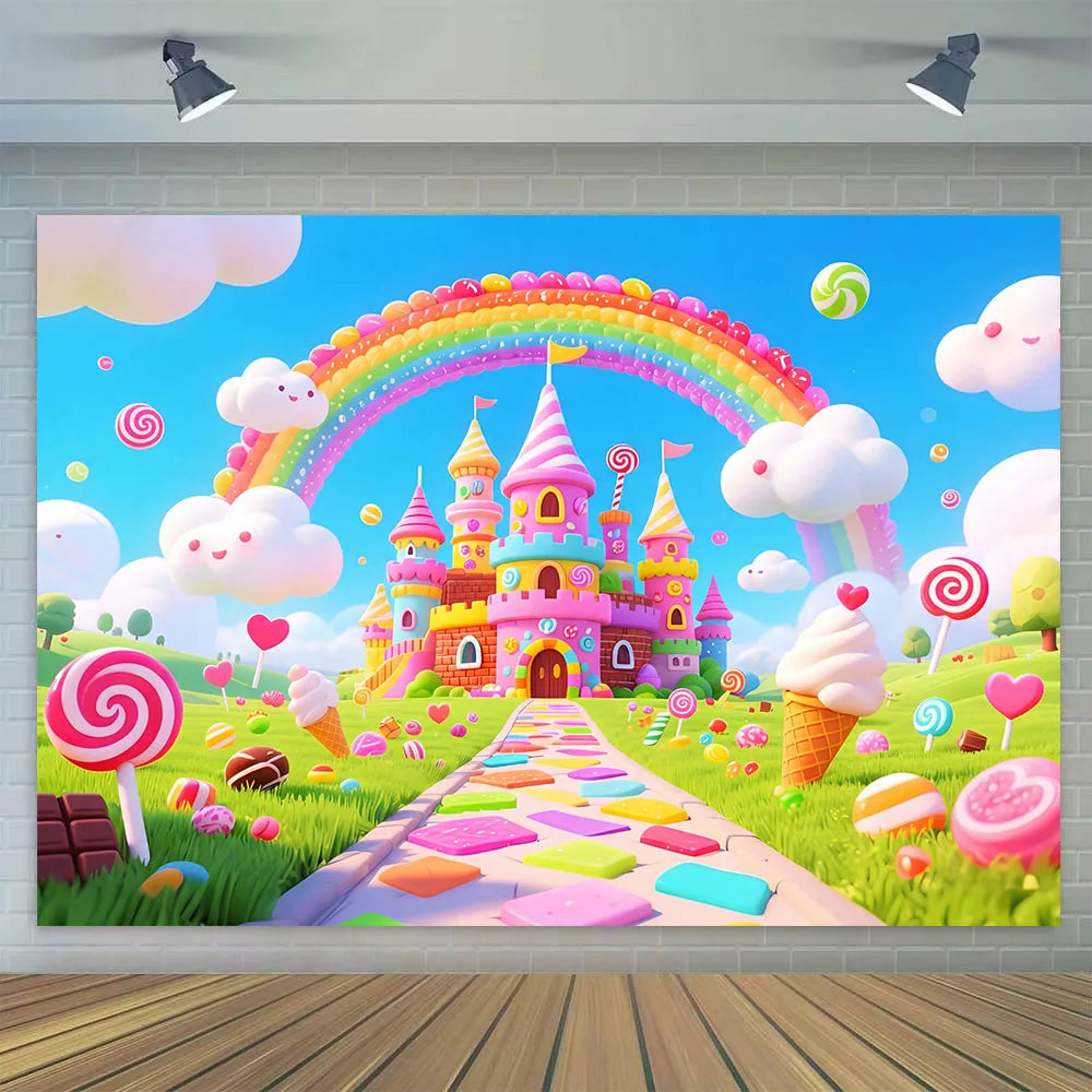 Candyland Backdrop Fantasy Candy Theme Castle Lollipop Party Banner for Girls Birthday Decor Photography Background Photo Booth