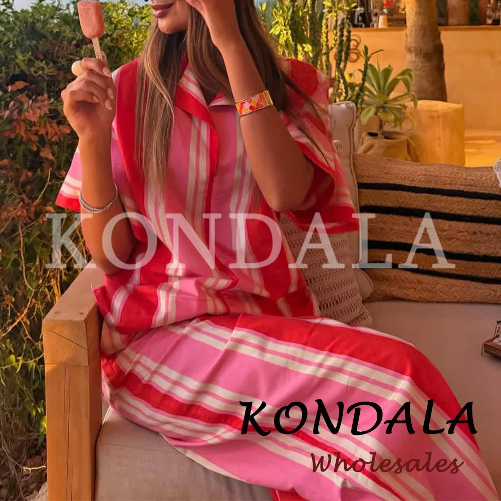 KONDALA Chic Women Striped Casual Suit Single Breasted Straight Shirt+Elastic Waist Long Pants Fashion 2026 Elegant Mujer Suit