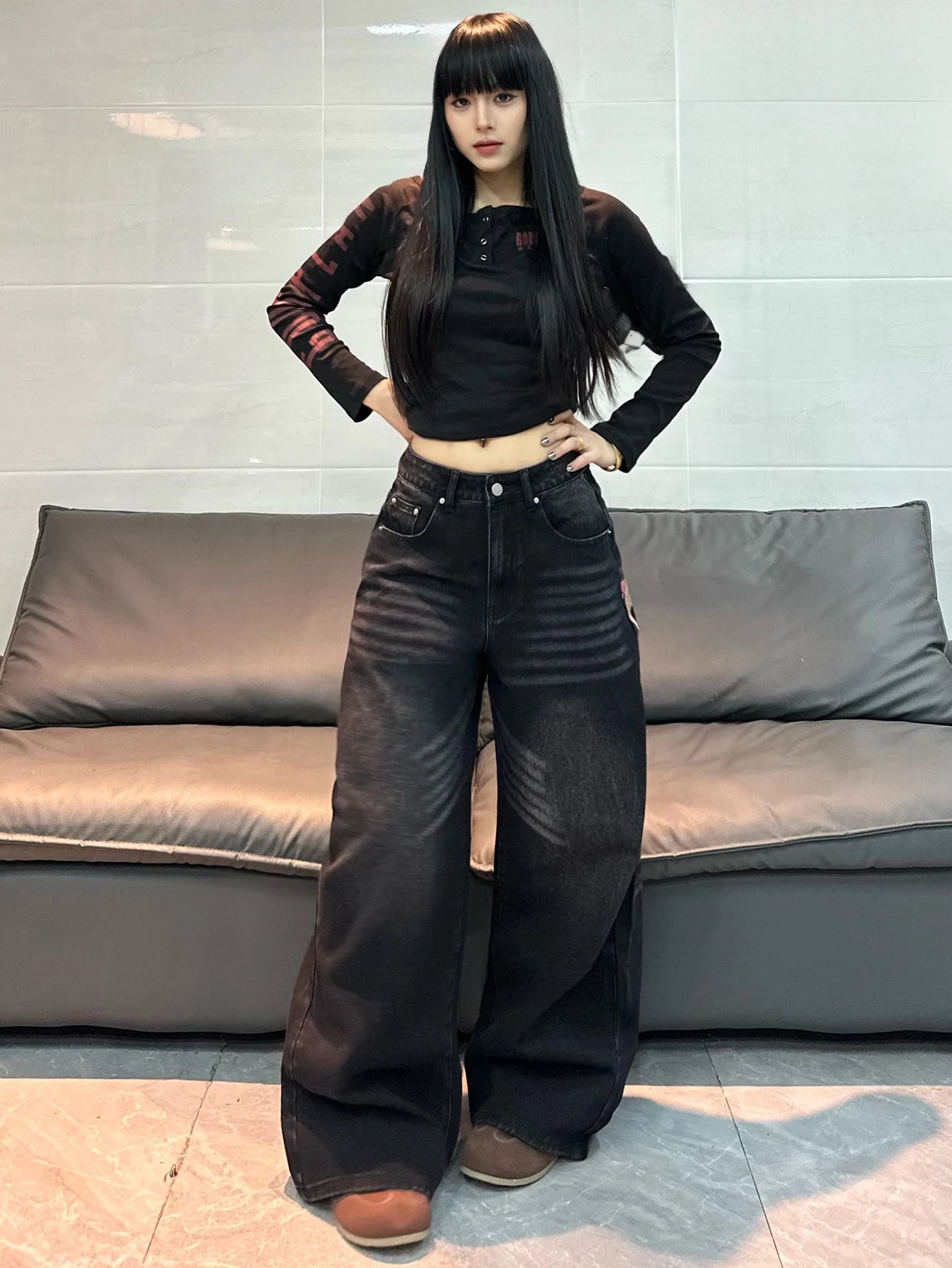 American Vintage Butterfly Embroidery Design Black Women's Loose Wide-Leg Jeans Y2K Street Fashion Versatile Straight-Leg Pants