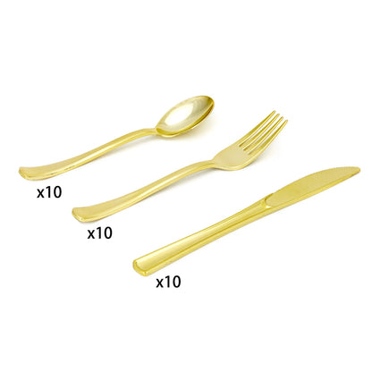 New Multi piece Set - Gold Platter Set, Plastic Tableware, Gold Edge Plate, Knife, Fork, Spoon, Party Wedding Set, Dessert Plate