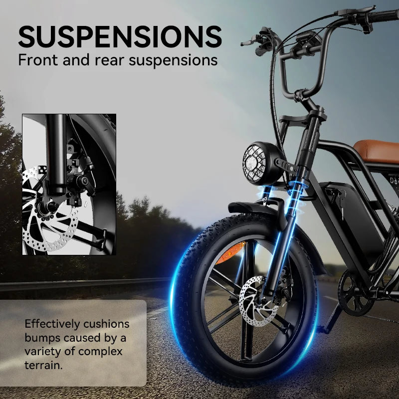G60 E-Bike 1000W Adult Electric Bicycle 20” Fat Tire E-Bike 48V 15Ah Battery 45-55KM Range Dual Suspension 31MPH
