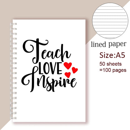 A5 Spiral Notebook - Teach Love Inspire - Rainbow Note Book Writing Pad Journal Teacher Life Day Gift Appreciation Floral Design