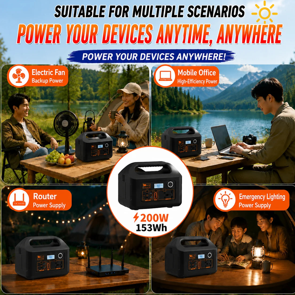 200W Portable Power Station Power Generator 110V 220V LED Light Emergency Solar Power Bank for Outdoor Camping Travel